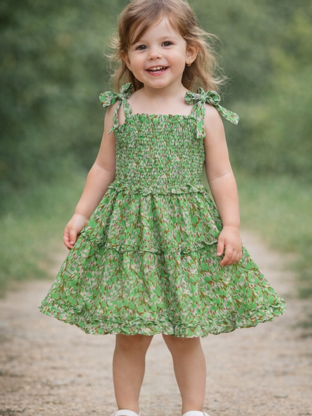 Girls Green Floral Smocked Dress Size 8 Tie Strap Ruffle Summer Dress